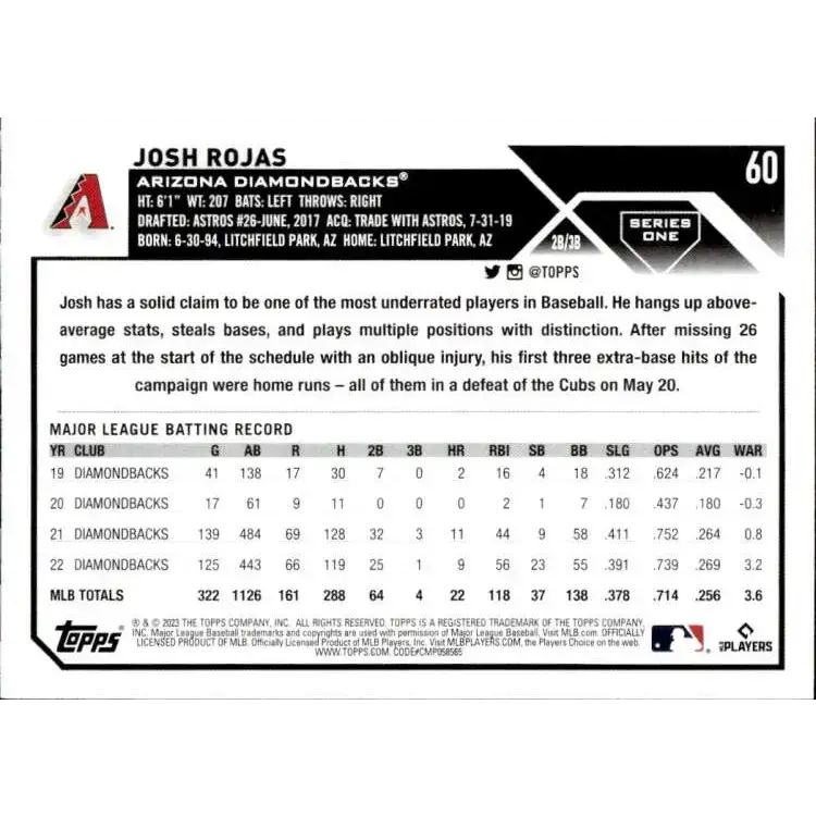 2023 Topps #60 Josh Rojas NM-MT Arizona Diamondbacks Baseball Card - Baseball Card Single