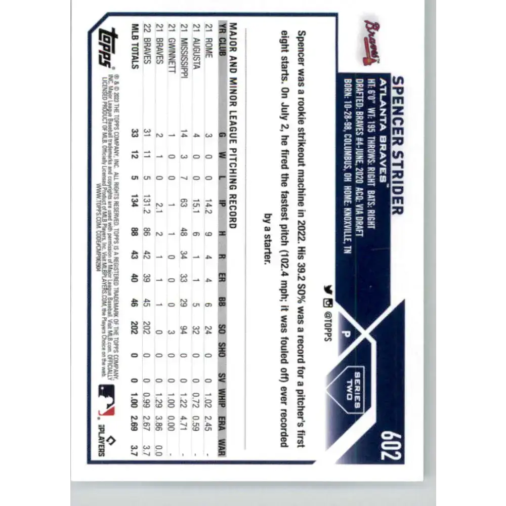 2023 Topps #602 Spencer Strider NM-MT Atlanta Braves Baseball Card - Baseball Card Single