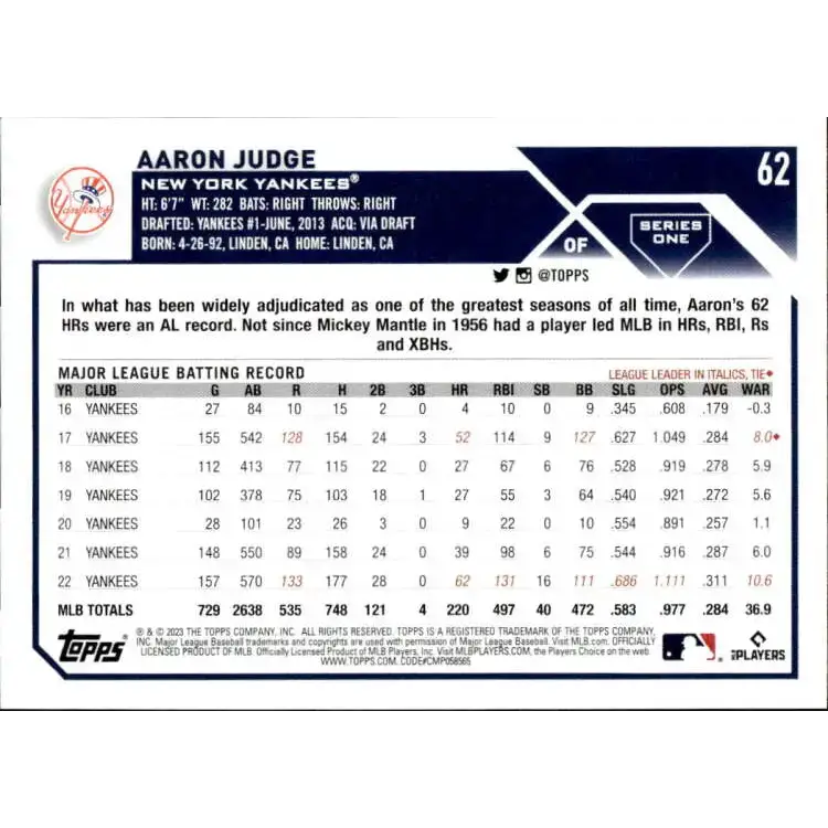 2023 Topps #62 Aaron Judge NM-MT New York Yankees Baseball Card - Baseball Card Single