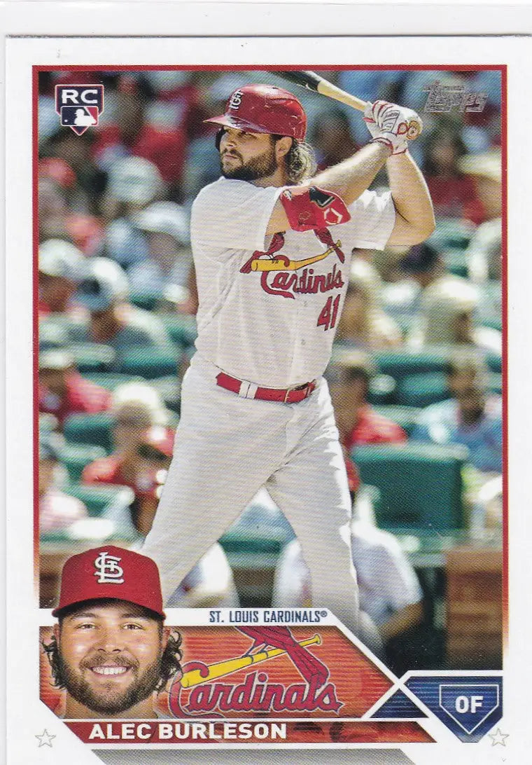 Baseball card of Alec Burleson, St. Louis Cardinals player batting, trading cards collectible