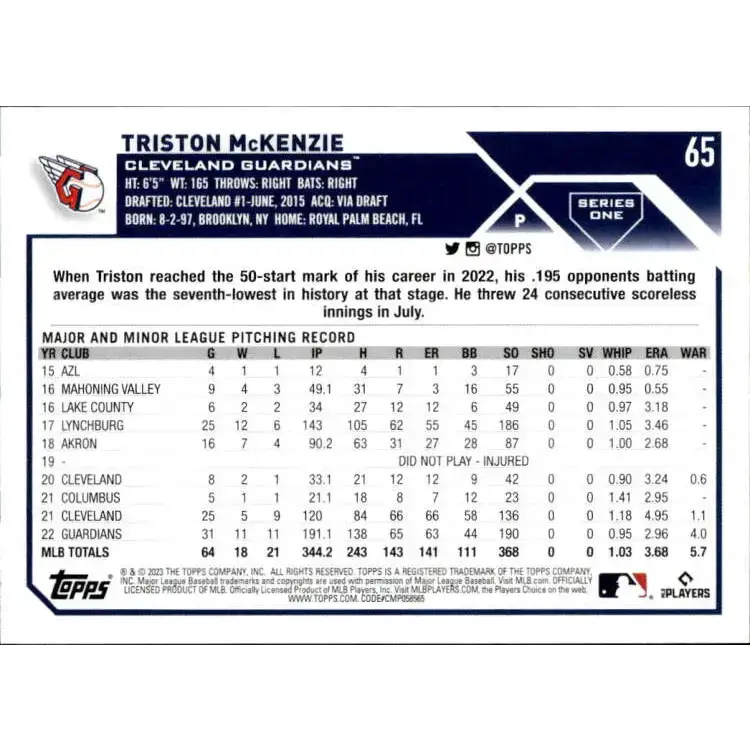 2023 Topps #65 Triston McKenzie NM-MT Cleveland Guardians Baseball Card - Baseball Card Single