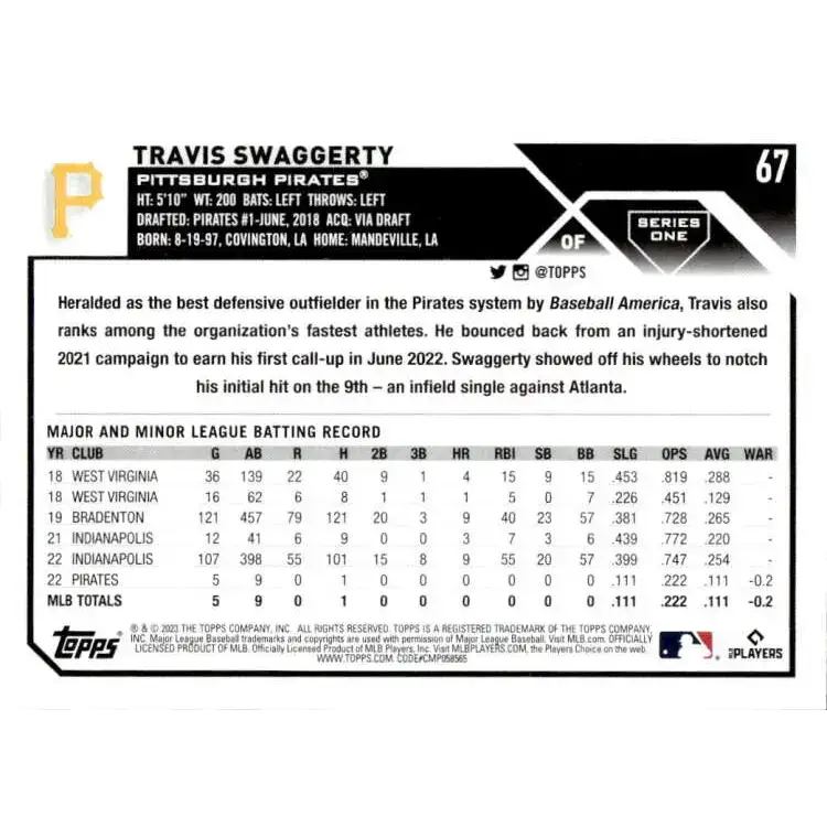 2023 Topps #67 Travis Swaggerty NM-MT RC Rookie Pittsburgh Pirates Baseball Card - Baseball Card Single