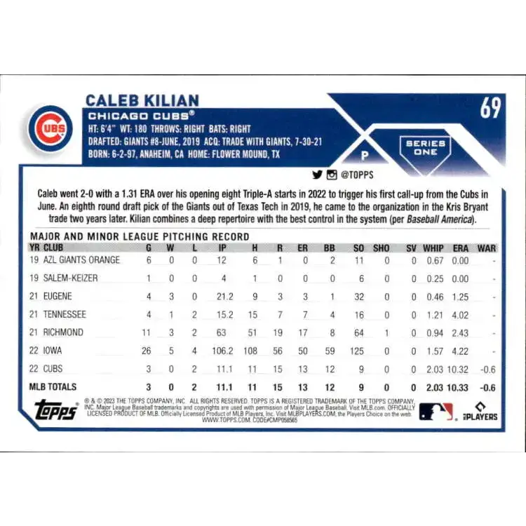 2023 Topps #69 Caleb Kilian NM-MT RC Rookie Chicago Cubs Baseball Card - Baseball Card Single