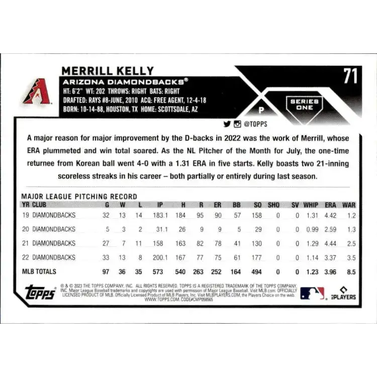 2023 Topps #71 Merrill Kelly NM-MT Arizona Diamondbacks Baseball Card - Baseball Card Single