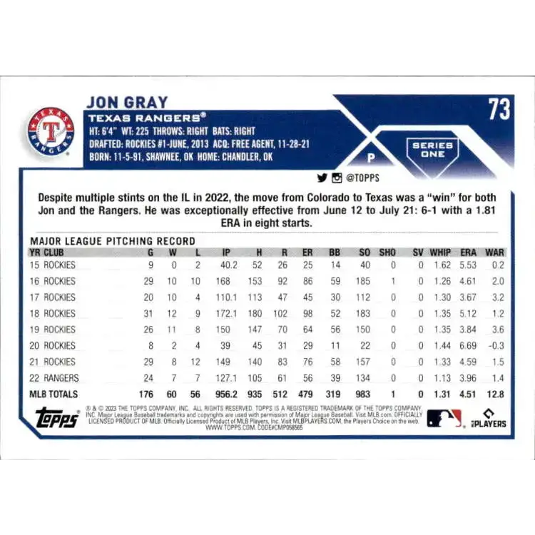 2023 Topps #73 Jon Gray NM-MT Texas Rangers Baseball Card - Baseball Card Single
