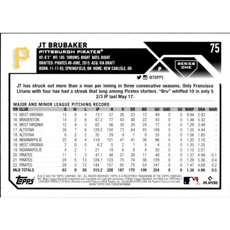 2023 Topps #75 JT Brubaker NM-MT Pittsburgh Pirates Baseball Card - Baseball Card Single