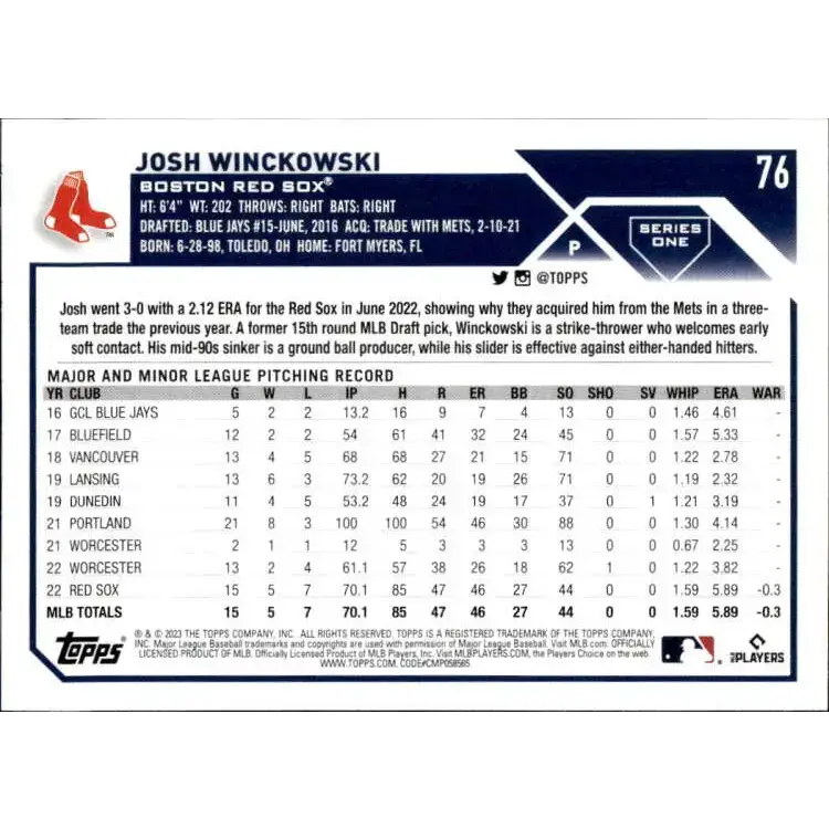 2023 Topps #76 Josh Winckowski NM-MT RC Rookie Boston Red Sox Baseball Card - Baseball Card Single