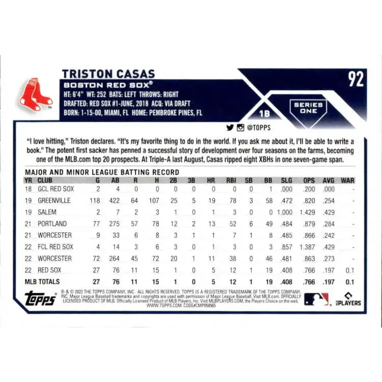 2023 Topps #92 Triston Casas NM-MT RC Rookie Boston Red Sox Baseball Card - Baseball Card Single