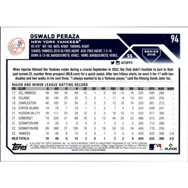 2023 Topps #94 Oswald Peraza NM-MT RC Rookie New York Yankees Baseball Card - Baseball Card Single