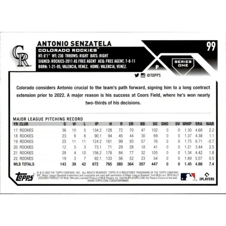 2023 Topps #99 Antonio Senzatela NM-MT Colorado Rockies Baseball Card - Baseball Card Single