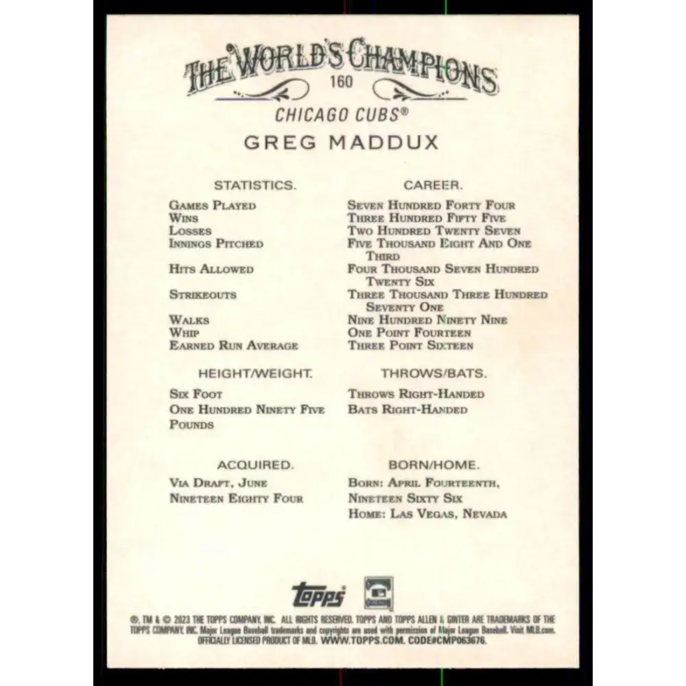2023 Topps Allen and Ginter #160 Greg Maddux NM-MT Chicago Cubs Baseball Card - Baseball Card Single