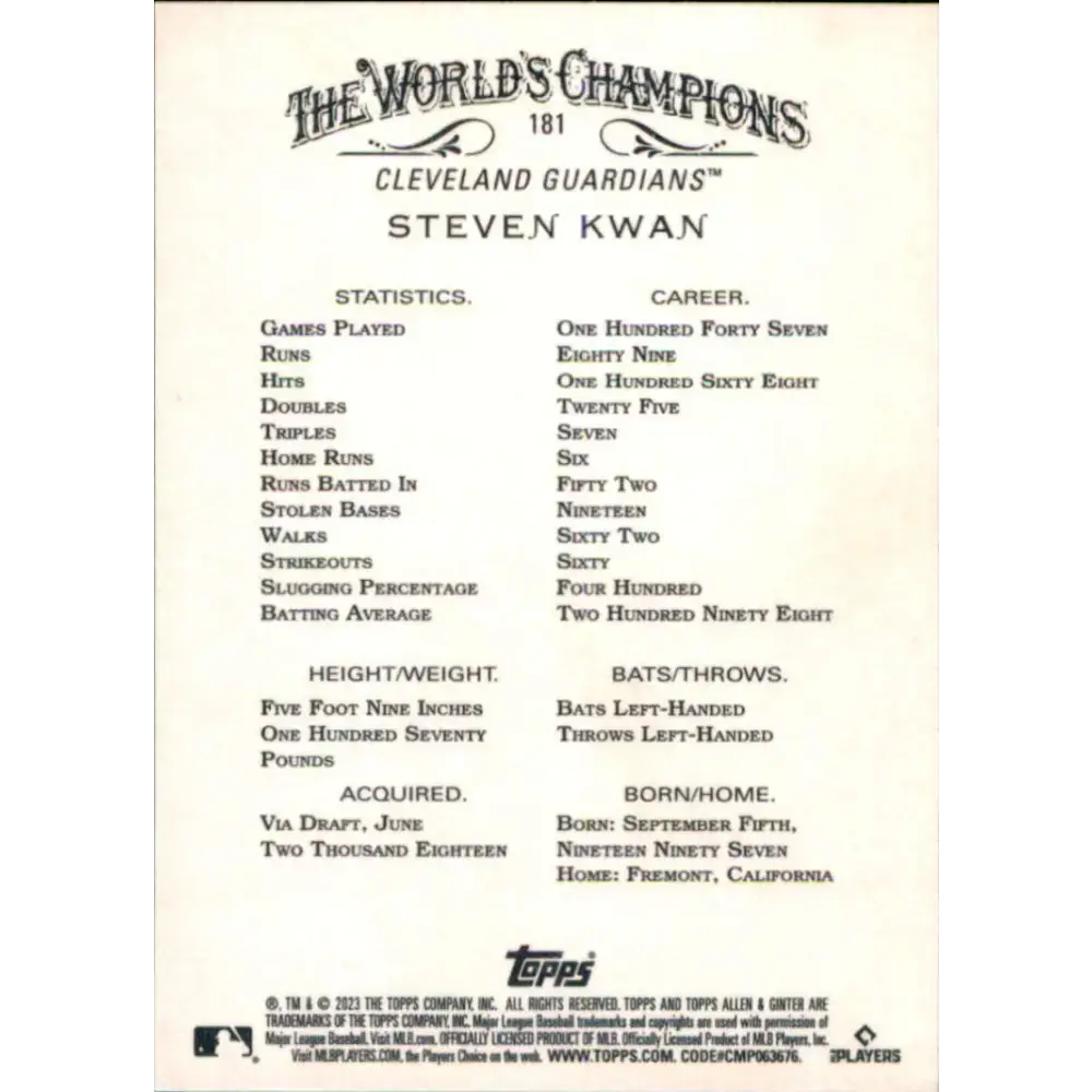 2023 Topps Allen and Ginter #181 Steven Kwan NM-MT RC Rookie Cleveland Guardians Baseball Card - Baseball Card Single