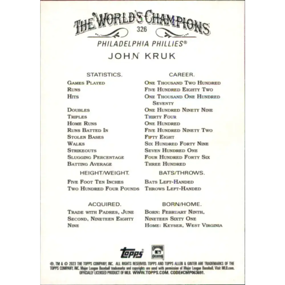 2023 Topps Allen and Ginter #326 John Kruk NM-MT SP Philadelphia Phillies Baseball Card - Baseball Card Single