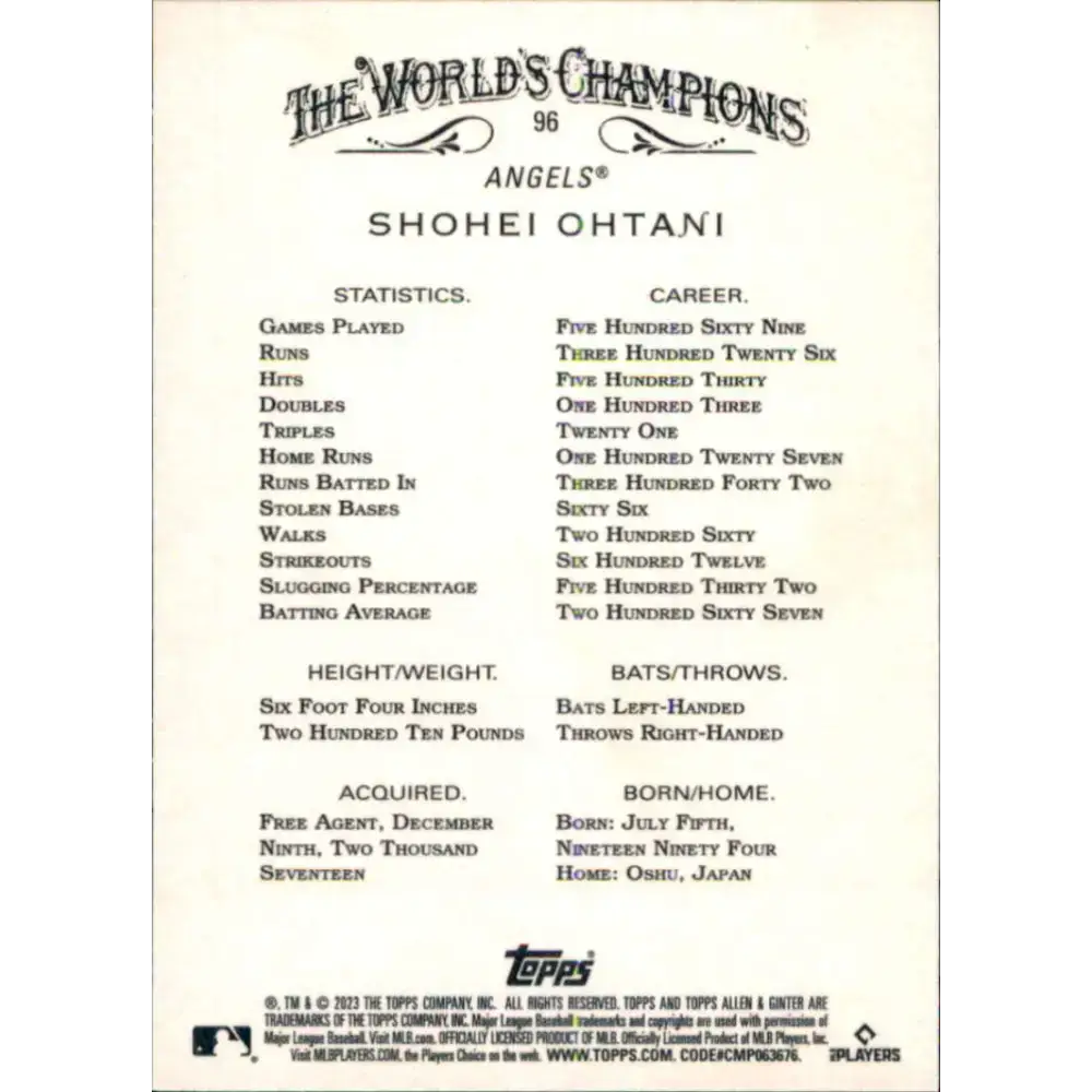 2023 Topps Allen and Ginter #96 Shohei Ohtani NM-MT Los Angeles Angels Baseball Card