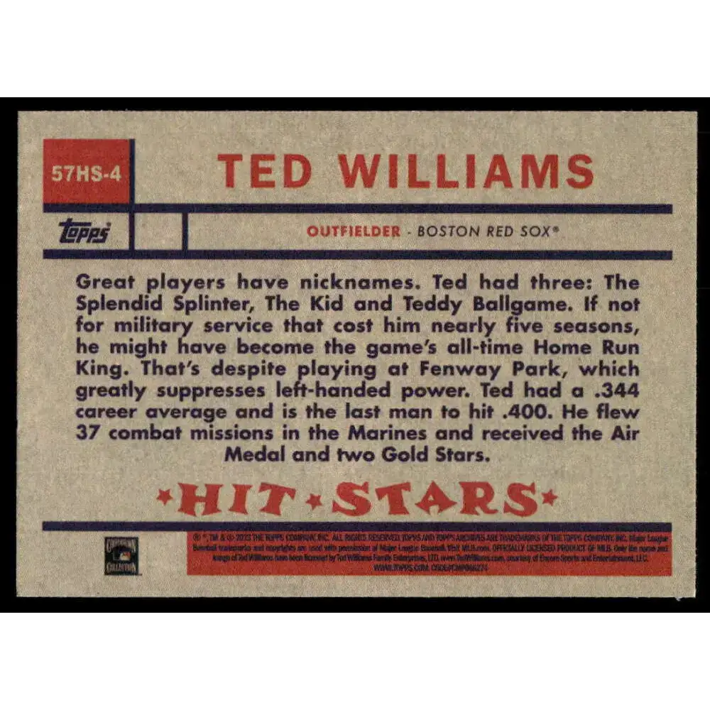 2023 Topps Archives 1957 Hit Stars #57HS-4 Ted Williams NM-MT Boston Red Sox Baseball Card - Baseball Card Single