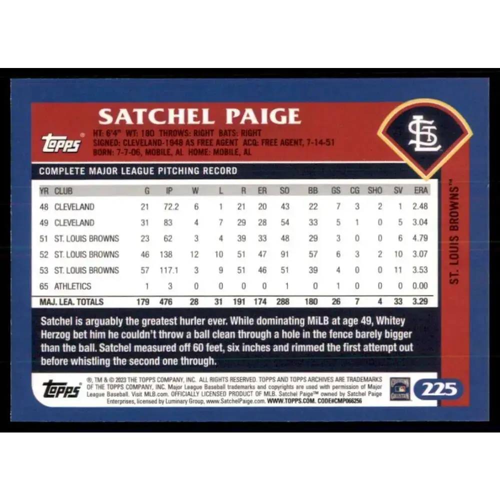 2023 Topps Archives #225 Satchel Paige NM-MT St. Louis Browns Baseball Card - Baseball Card Single