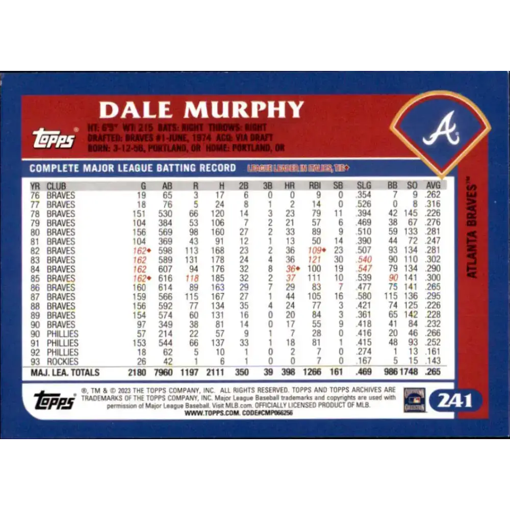 2023 Topps Archives #241 Dale Murphy NM-MT Atlanta Braves Baseball Card - Baseball Card Single