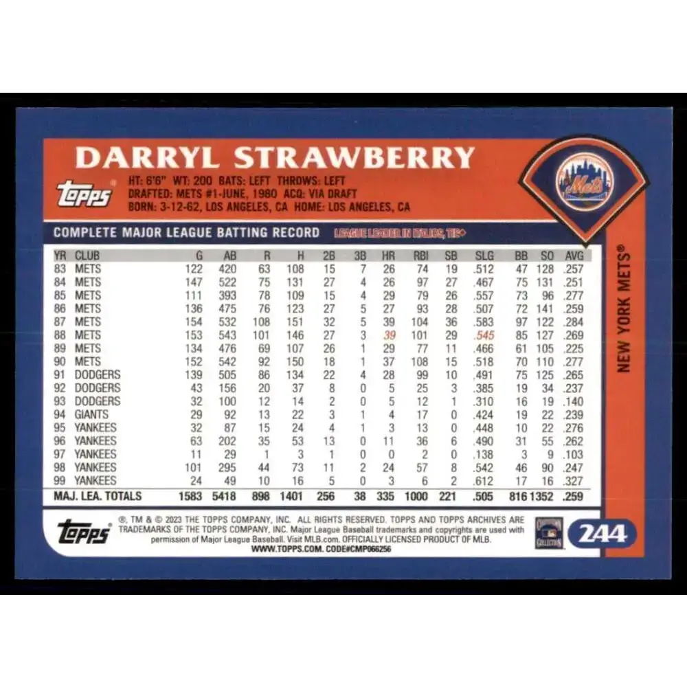 2023 Topps Archives #244 Darryl Strawberry NM-MT New York Mets Baseball Card - Baseball Card Single
