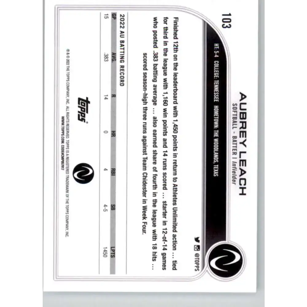 2023 Topps Athletes Unlimited All Sports 103 Aubrey Leach Softball - Other