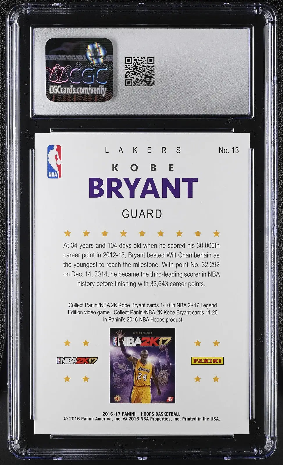Graded basketball trading card featuring Kobe Bryant on the reverse side, hoops Kobe Bryant