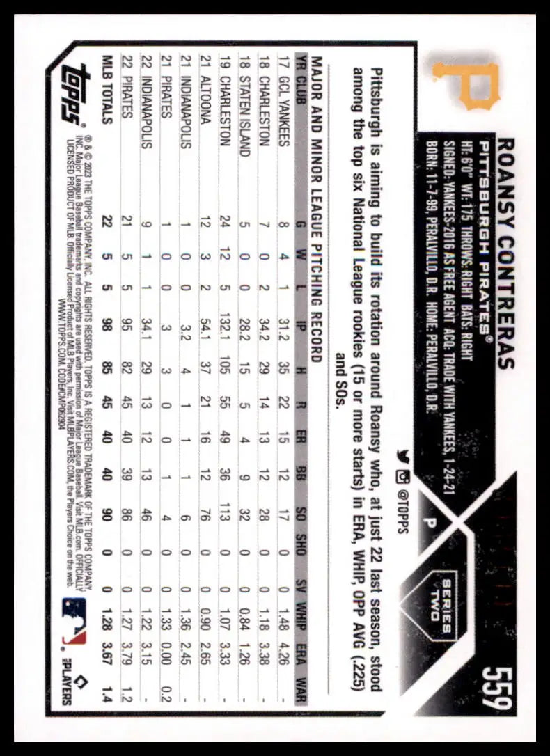 2023 Topps - Blue Foilboard Roansy Contreras 559 /999 Pittsburgh Pirates NM - Baseball Card Single