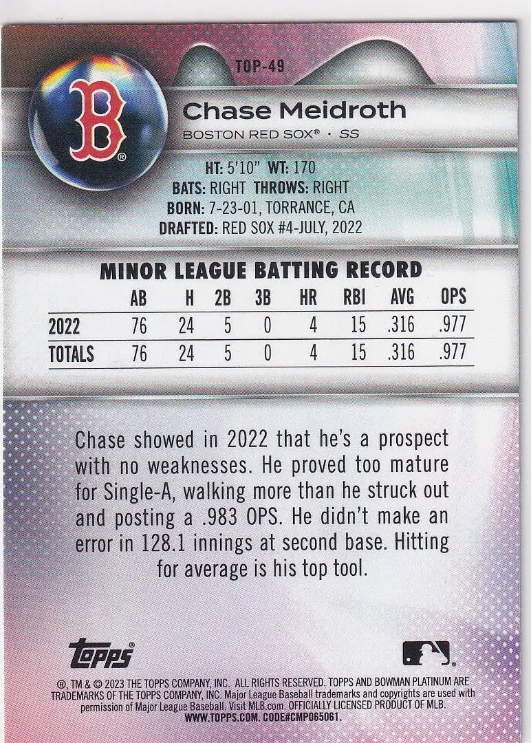 2023 TOPPS BOWMAN #TOP-49 CHASE MEIDROTH- BOSTON RED SOX - Baseball Card Single