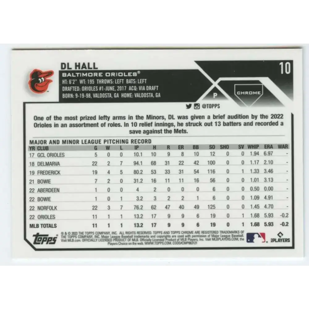 2023 Topps Chrome #10 DL Hall NM-MT RC Rookie Baltimore Orioles Baseball Card - Baseball Card Single