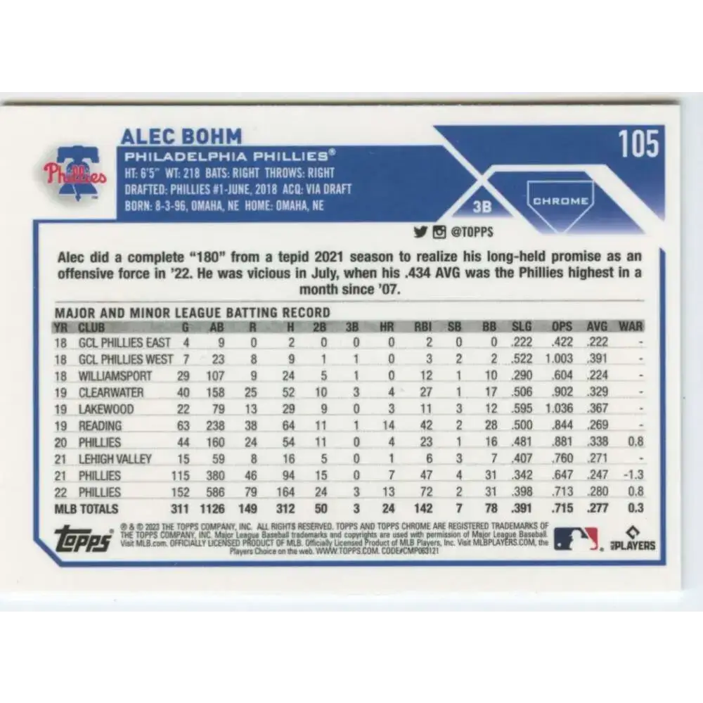 2023 Topps Chrome #105 Alec Bohm NM-MT Philadelphia Phillies Baseball Card - Baseball Card Single