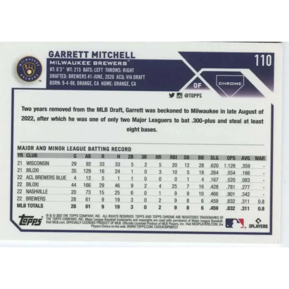 2023 Topps Chrome #110 Garrett Mitchell NM-MT RC Rookie Milwaukee Brewers Baseball Card - Baseball Card Single