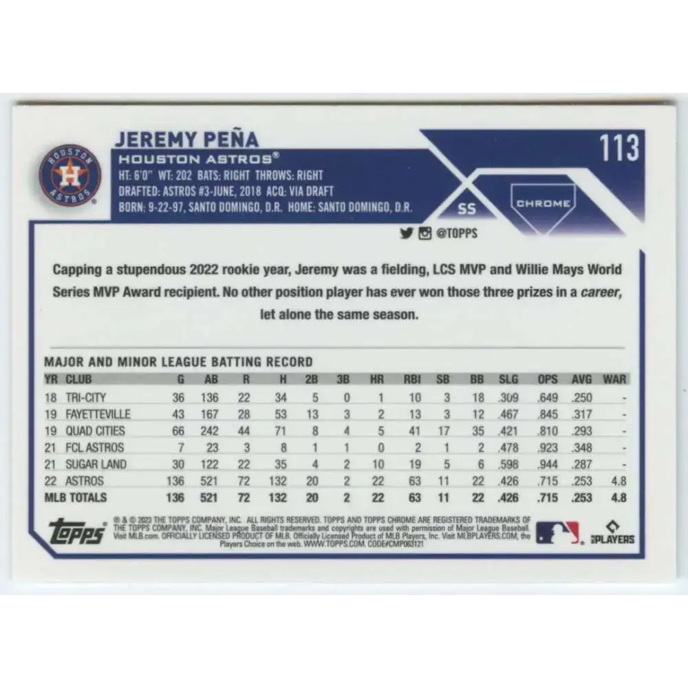 2023 Topps Chrome #113 Jeremy Pena NM-MT Houston Astros Baseball Card - Baseball Card Single