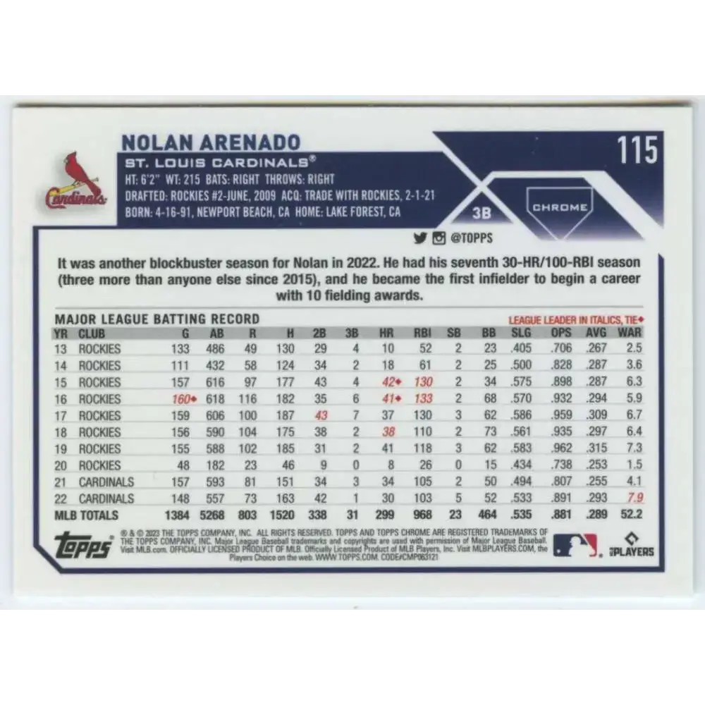 2023 Topps Chrome #115 Nolan Arenado NM-MT St. Louis Cardinals Baseball Card - Baseball Card Single