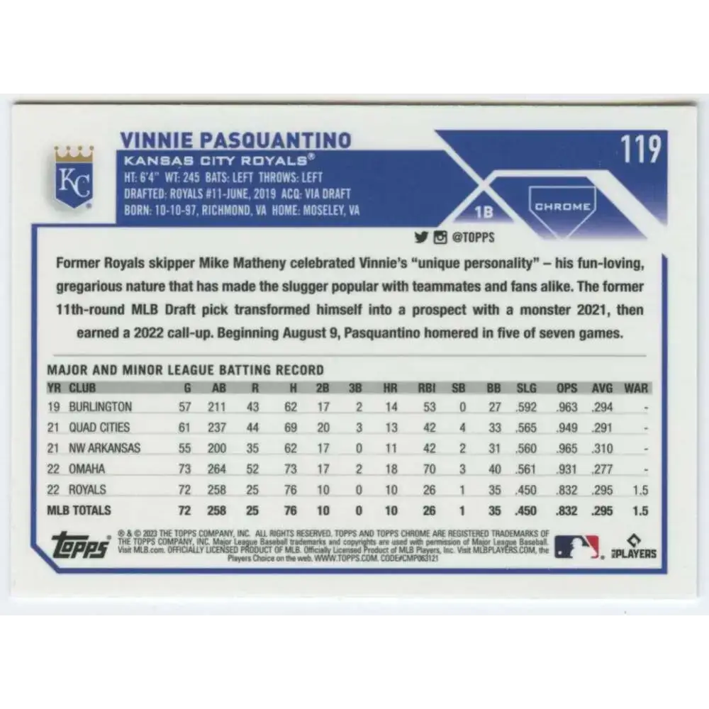 2023 Topps Chrome #119 Vinnie Pasquantino NM-MT RC Rookie Kansas City Royals Baseball Card - Baseball Card Single