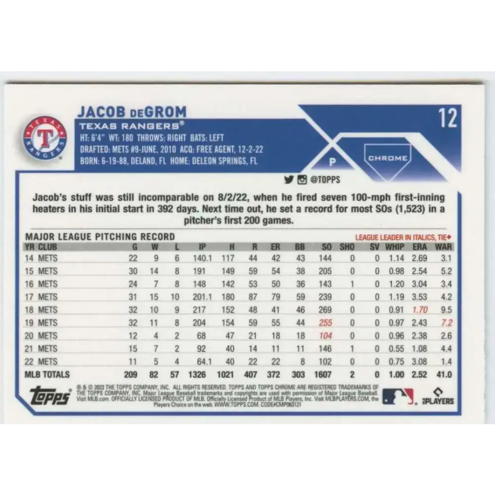 2023 Topps Chrome #12 Jacob deGrom NM-MT Texas Rangers Baseball Card - Baseball Card Single