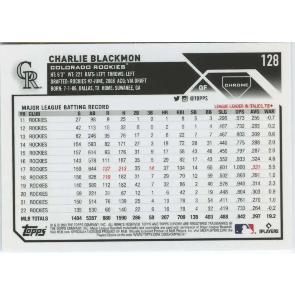 2023 Topps Chrome #128 Charlie Blackmon NM-MT Colorado Rockies Baseball Card - Baseball Card Single