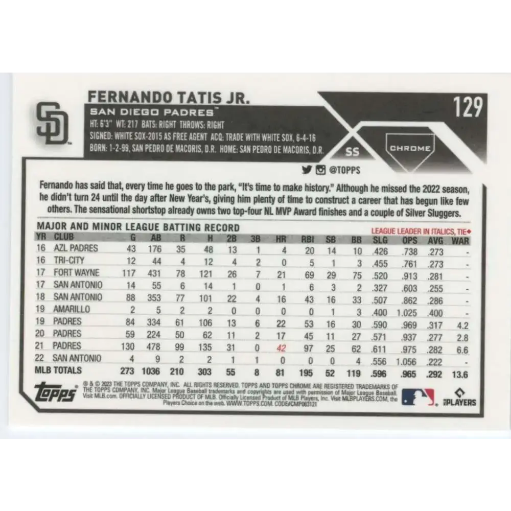 2023 Topps Chrome #129 Fernando Tatis Jr. NM-MT San Diego Padres Baseball Card - Baseball Card Single