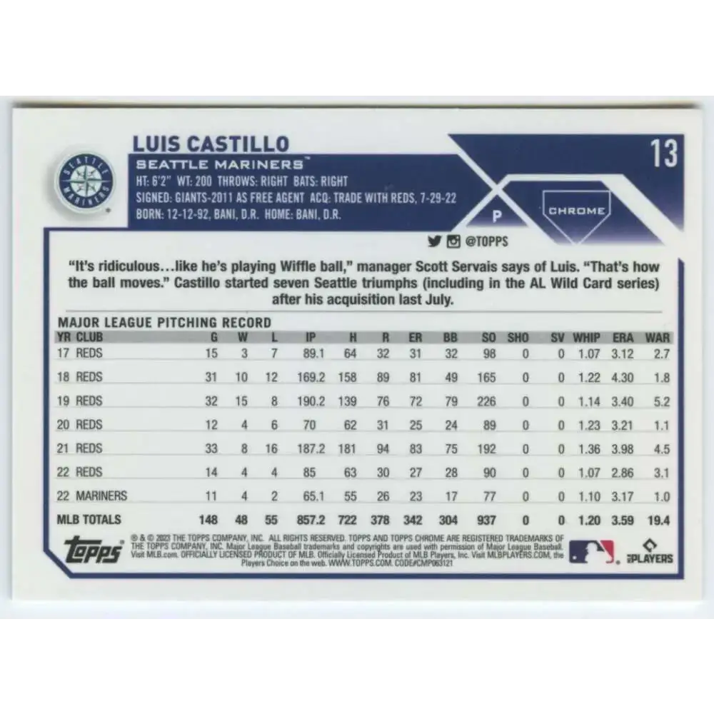 2023 Topps Chrome #13 Luis Castillo NM-MT Seattle Mariners Baseball Card - Baseball Card Single