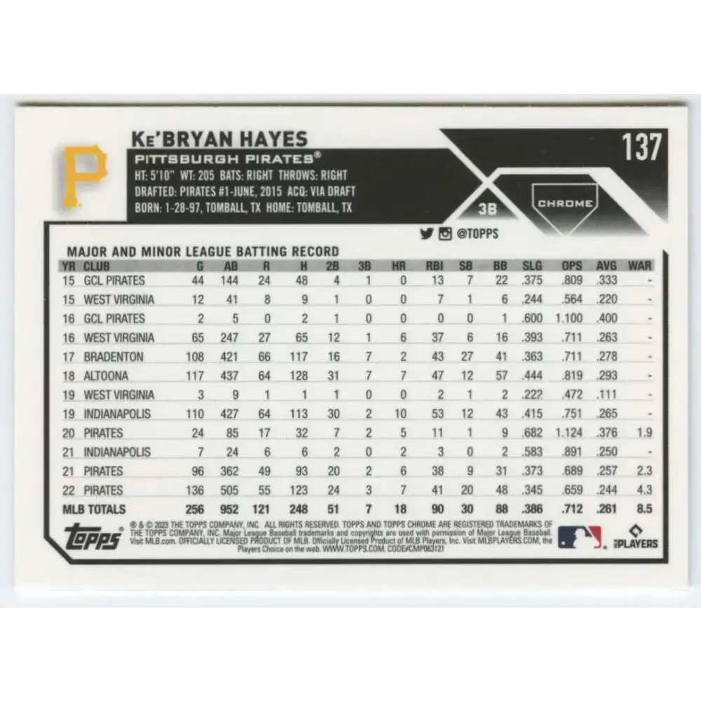 2023 Topps Chrome #137 Ke’Bryan Hayes NM-MT Pittsburgh Pirates Baseball Card - Baseball Card Single