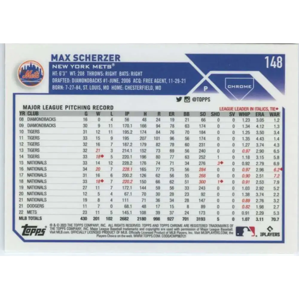 2023 Topps Chrome #148 Max Scherzer NM-MT New York Mets Baseball Card - Baseball Card Single