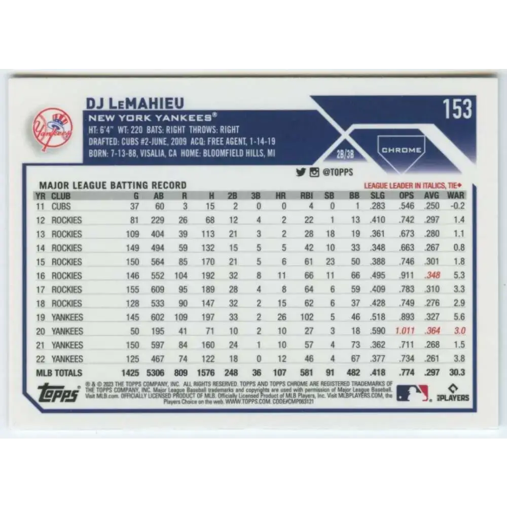 2023 Topps Chrome #153 DJ LeMahieu NM-MT New York Yankees Baseball Card - Baseball Card Single