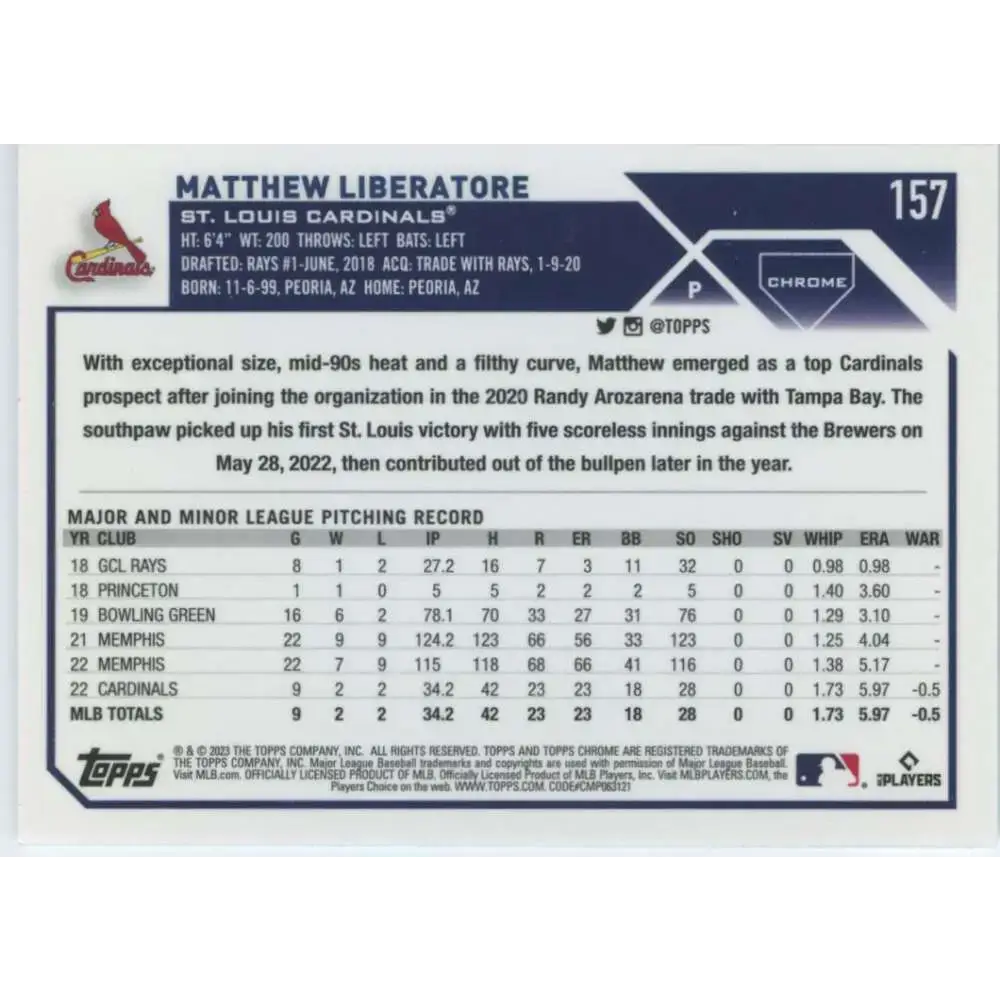 2023 Topps Chrome #157 Matthew Liberatore NM-MT RC Rookie St. Louis Cardinals Baseball Card - Baseball Card Single