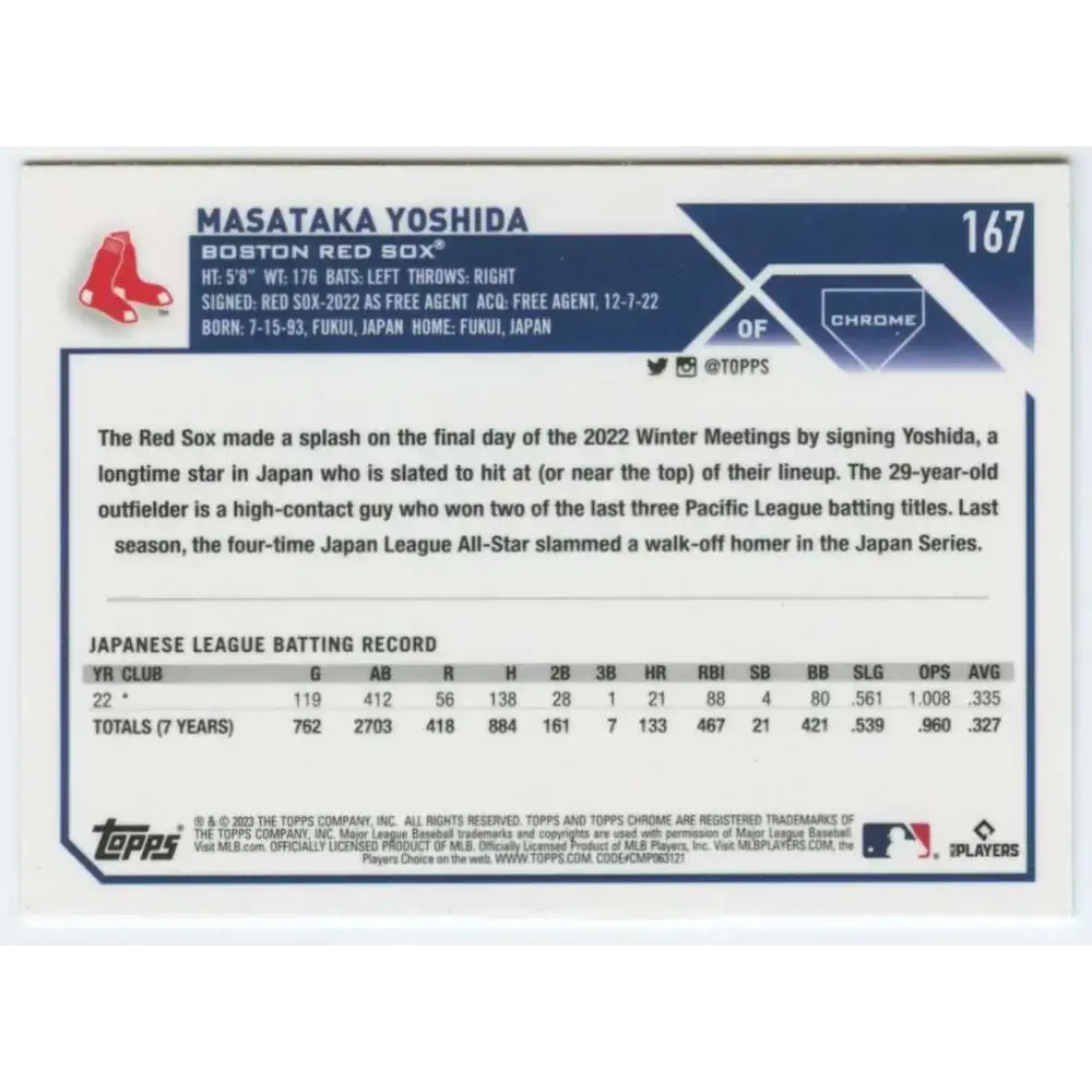 2023 Topps Chrome #167 Masataka Yoshida NM-MT RC Rookie Boston Red Sox Baseball Card - Baseball Card Single