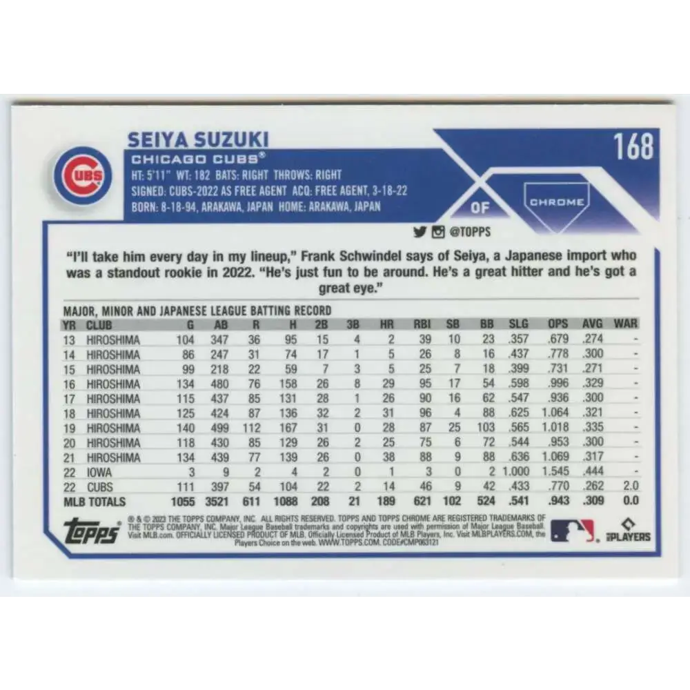 2023 Topps Chrome #168 Seiya Suzuki NM-MT Chicago Cubs Baseball Card - Baseball Card Single
