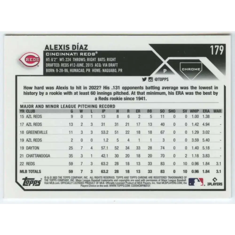 2023 Topps Chrome #179 Alexis Diaz NM-MT Cincinnati Reds Baseball Card - Baseball Card Single