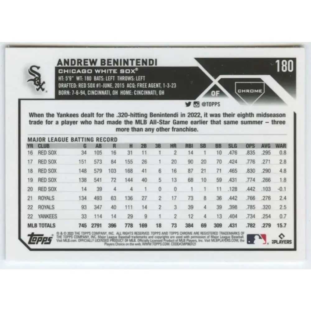 2023 Topps Chrome #180 Andrew Benintendi NM-MT Chicago White Sox Baseball Card - Baseball Card Single