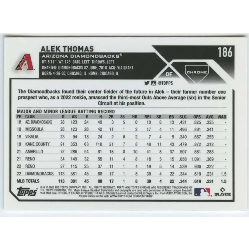 2023 Topps Chrome #186 Alek Thomas NM-MT Arizona Diamondbacks Baseball Card - Baseball Card Single