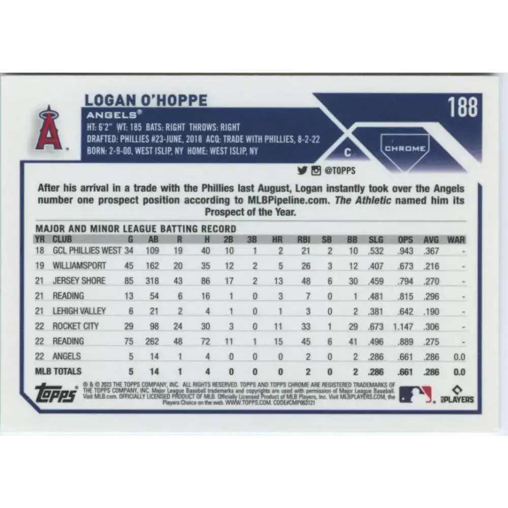 2023 Topps Chrome #188 Logan O’Hoppe NM-MT RC Rookie Los Angeles Angels Baseball Card - Baseball Card Single