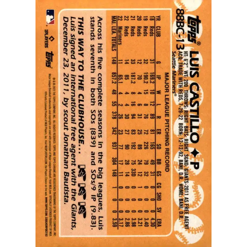 2023 Topps Chrome 1988 Baseball Refractor #88BC-13 Luis Castillo NM-MT Seattle Mariners Baseball Card - Baseball Card