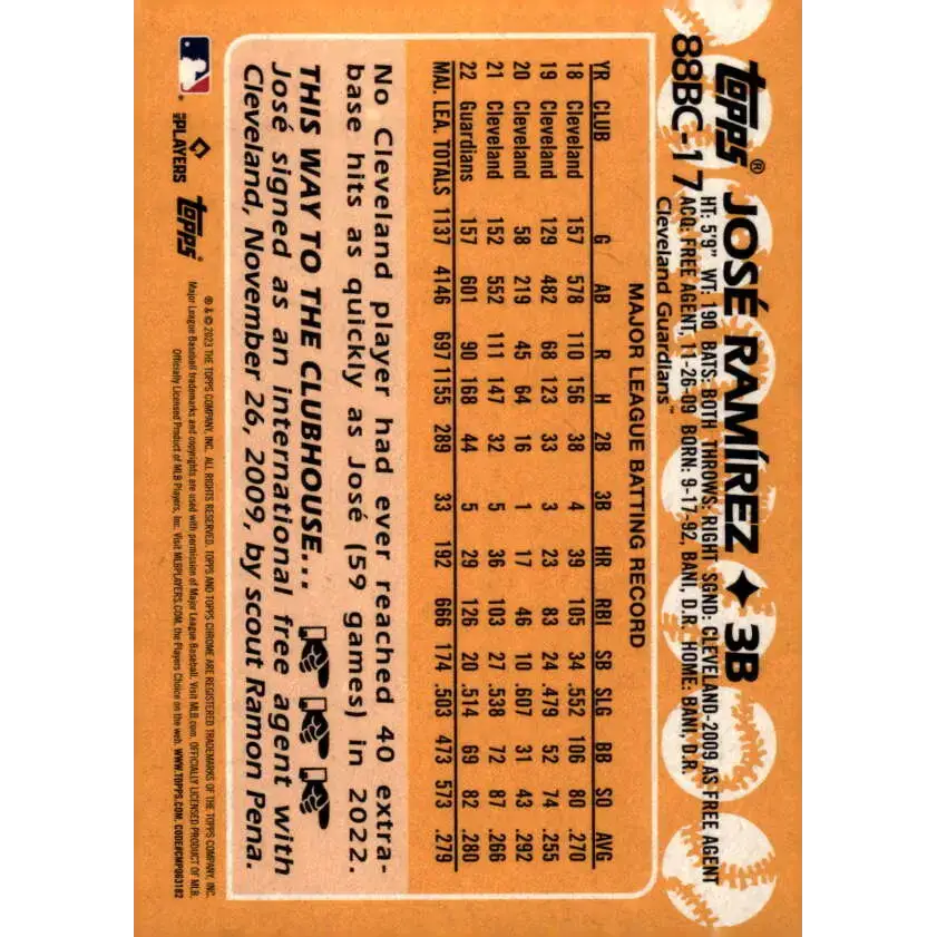 2023 Topps Chrome 1988 Baseball Refractor #88BC-17 Jose Ramirez NM-MT Cleveland Guardians Baseball Card - Baseball Card