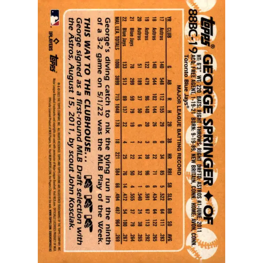 2023 Topps Chrome 1988 Baseball Refractor #88BC-19 George Springer NM-MT Toronto Blue Jays Baseball Card - Baseball