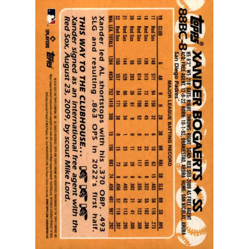 2023 Topps Chrome 1988 Baseball Refractor #88BC-8 Xander Bogaerts NM-MT San Diego Padres Baseball Card - Baseball Card